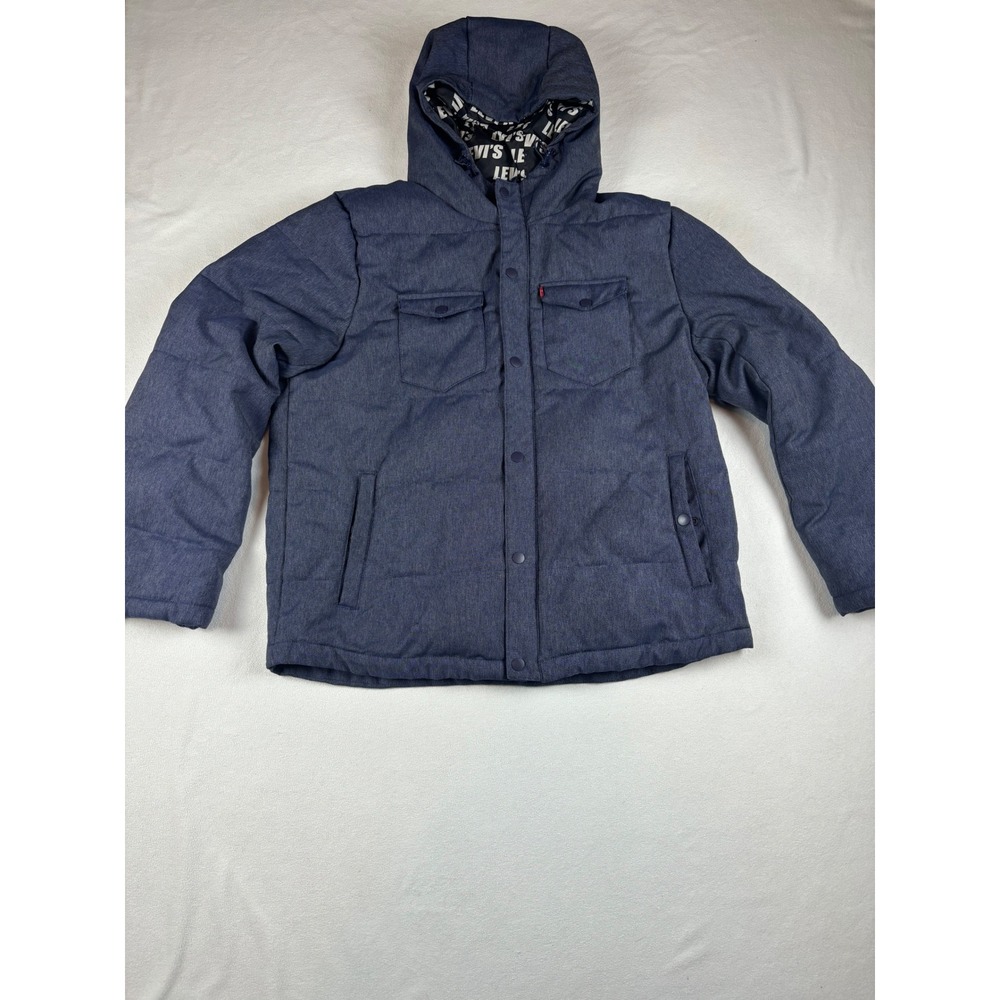 Levis Mens Hooded Puffer Jacket Blue Heathered Snap Front Insulated Coat Large